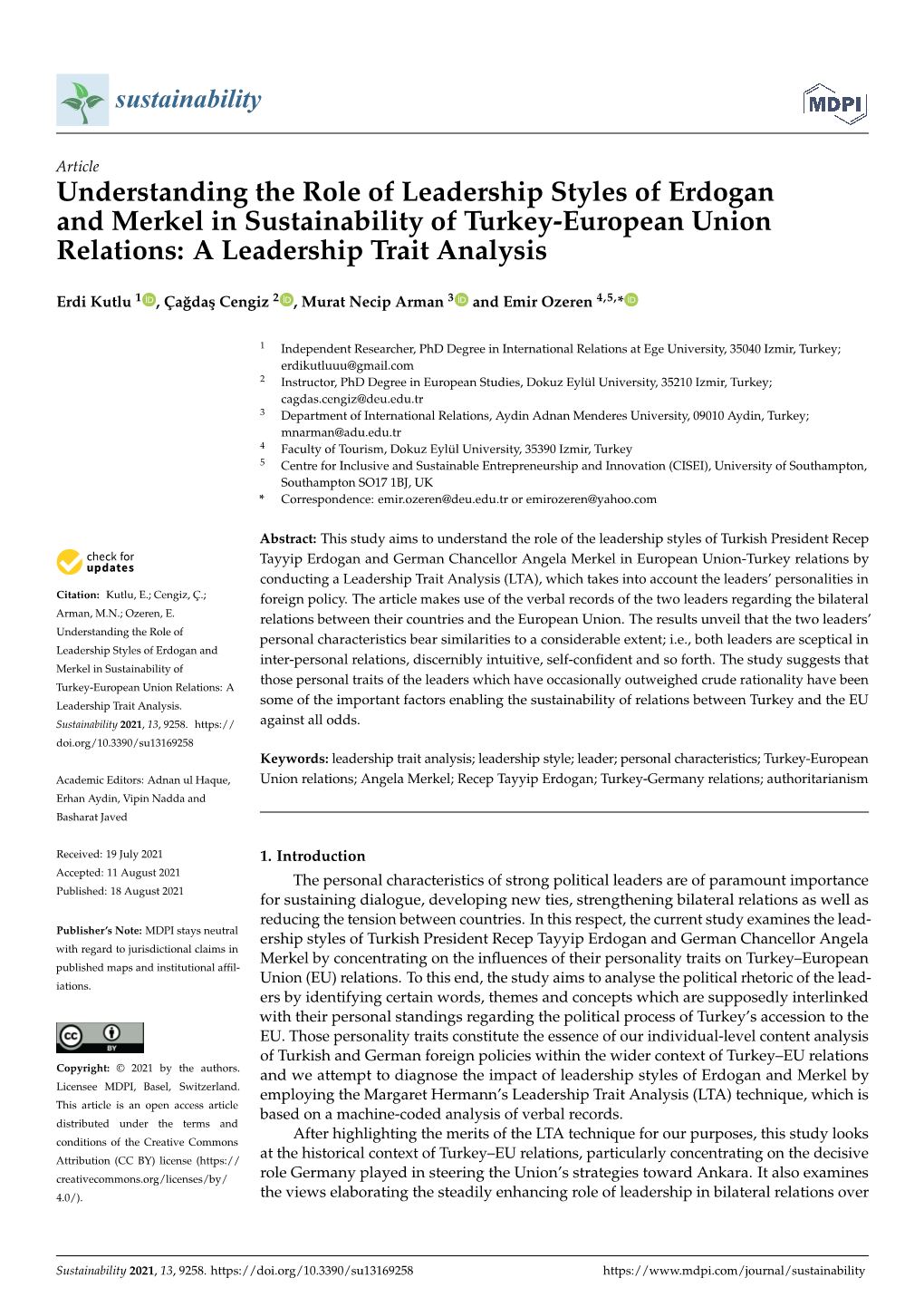 Understanding the Role of Leadership Styles of Erdogan and Merkel in Sustainability of Turkey-European Union Relations: a Leadership Trait Analysis