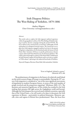 Irish Diaspora Politics: the West Riding of Yorkshire, 1879-1886