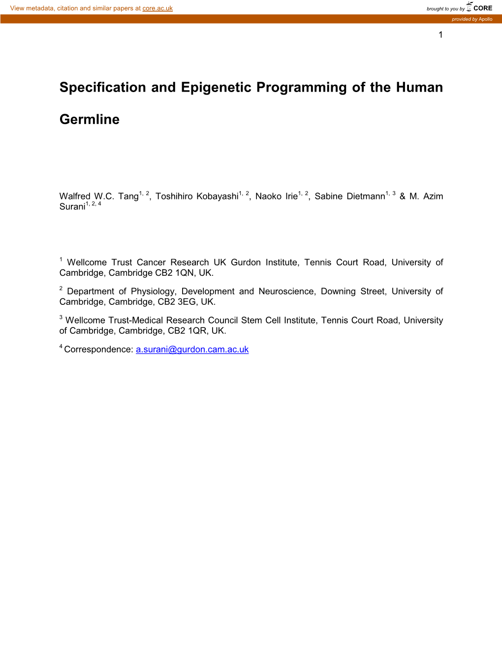 Specification and Epigenetic Programming of the Human Germline