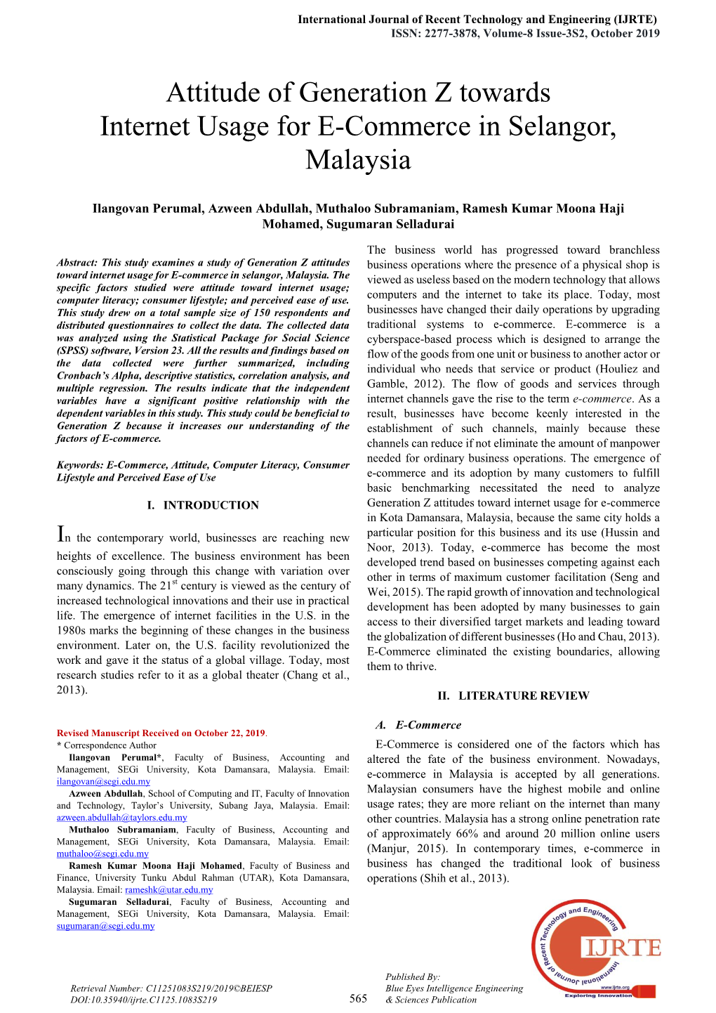 Attitude of Generation Z Towards Internet Usage for E-Commerce in Selangor, Malaysia