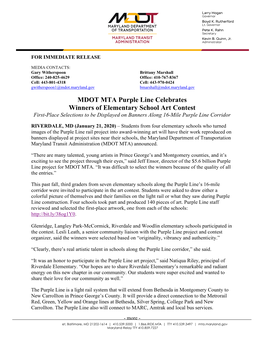 MDOT MTA Purple Line Celebrates Winners of Elementary School Art Contest First-Place Selections to Be Displayed on Banners Along 16-Mile Purple Line Corridor