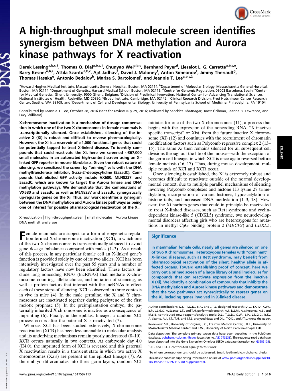 A High-Throughput Small Molecule Screen Identifies Synergism Between DNA Methylation and Aurora Kinase Pathways for X Reactivation