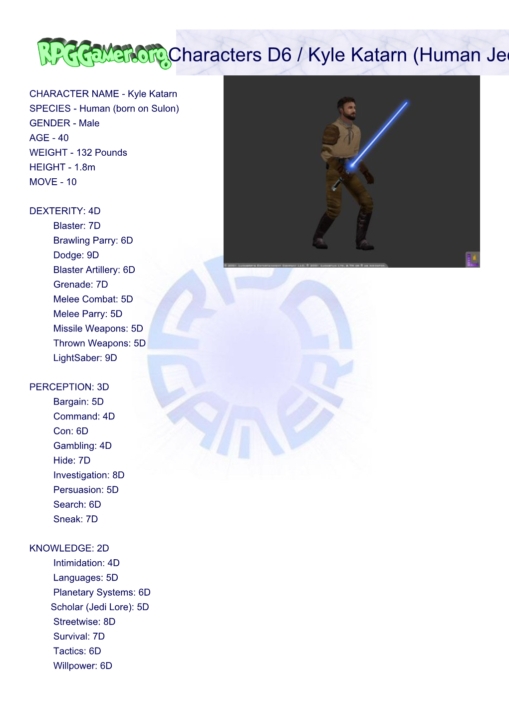 Characters D6 / Kyle Katarn (Human Jedi/Mercenary)