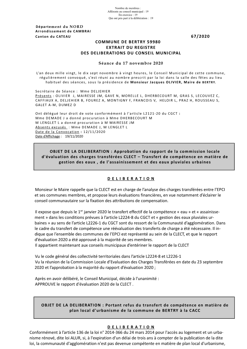 67/2020 Commune De Bertry 59980 Extrait Du Registre Des Deliberations Du Conseil Municipal