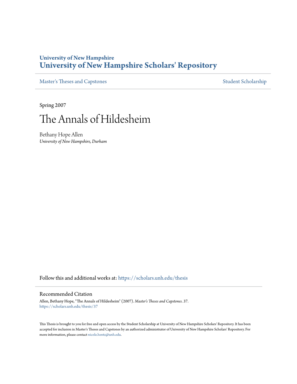 The Annals of Hildesheim Bethany Hope Allen University of New Hampshire, Durham