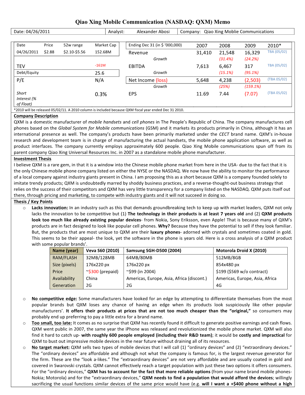 Qiao Xing Mobile Communication (NASDAQ: QXM) Memo Date: 04/26/2011 Analyst: Alexander Abosi Company: Qiao Xing Moblie Communications