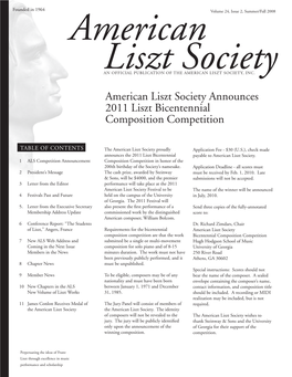 American Liszt Society Announces 2011 Liszt Bicentennial Composition Competition