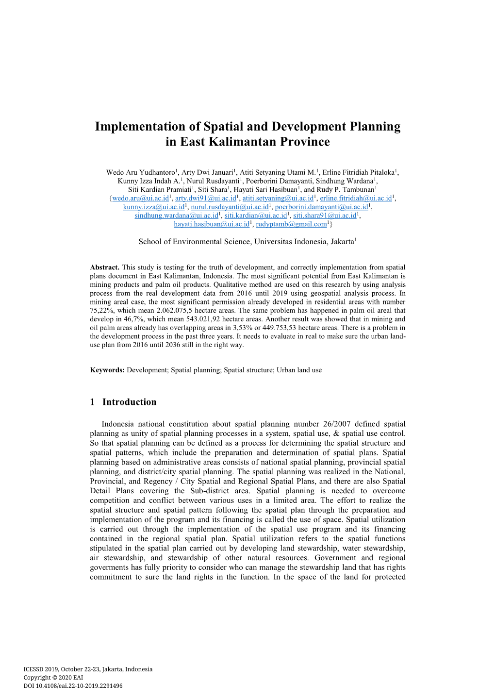 Implementation of Spatial and Development Planning in East Kalimantan Province