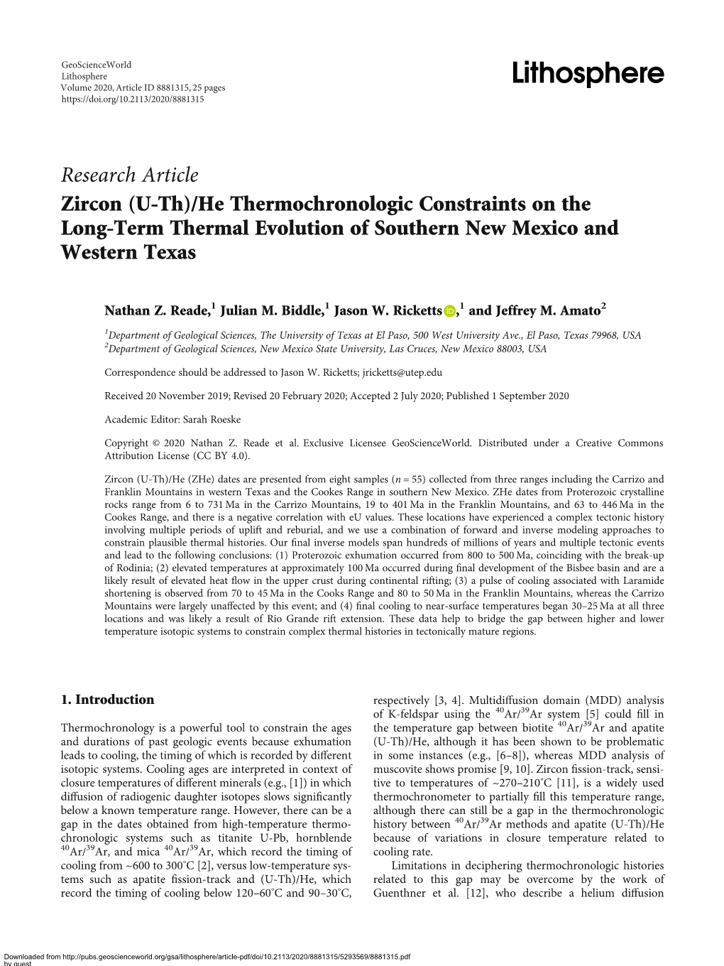 Research Article Zircon (U-Th)/He Thermochronologic Constraints on the Long-Term Thermal Evolution of Southern New Mexico and Western Texas