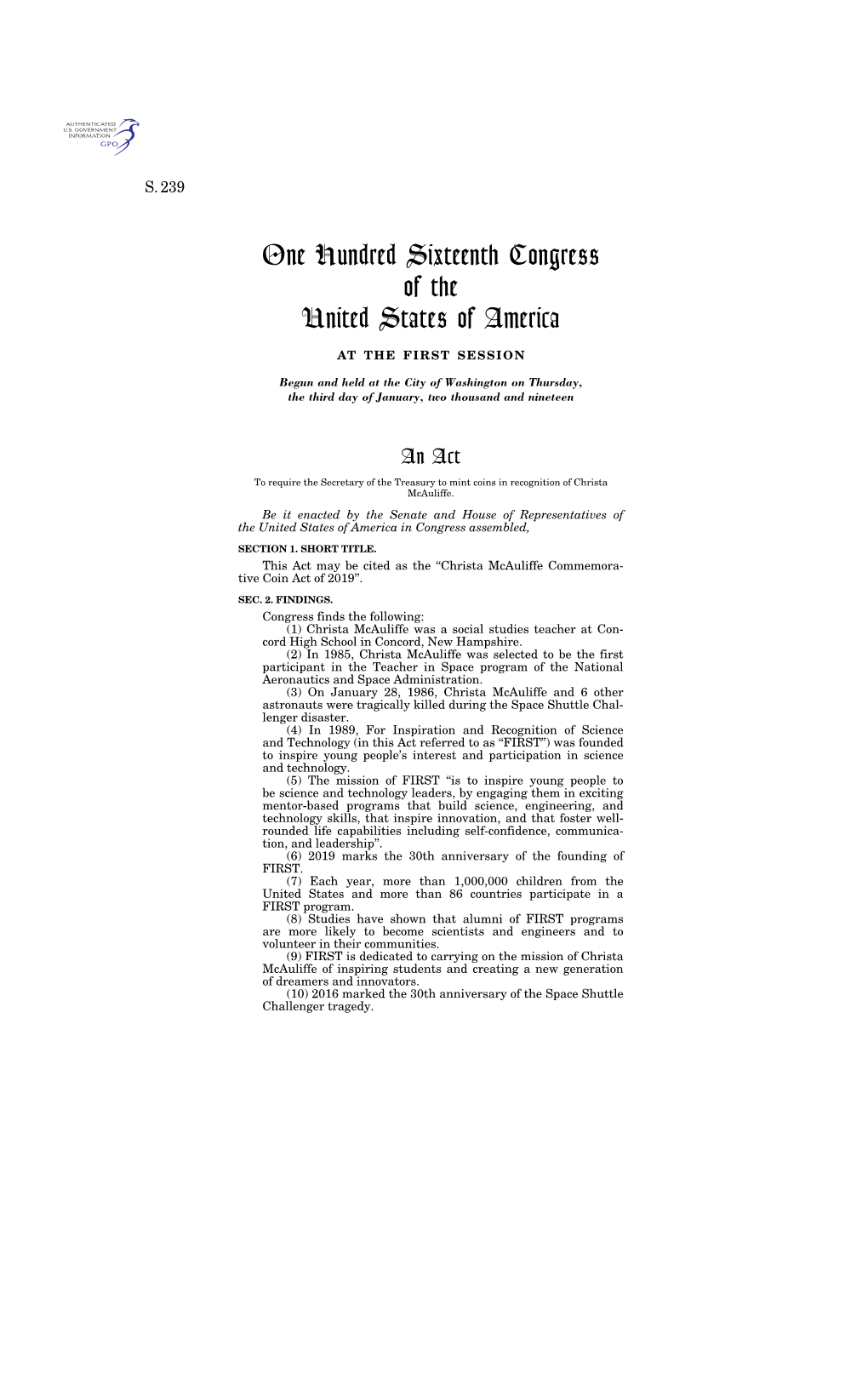 One Hundred Sixteenth Congress of the United States of America