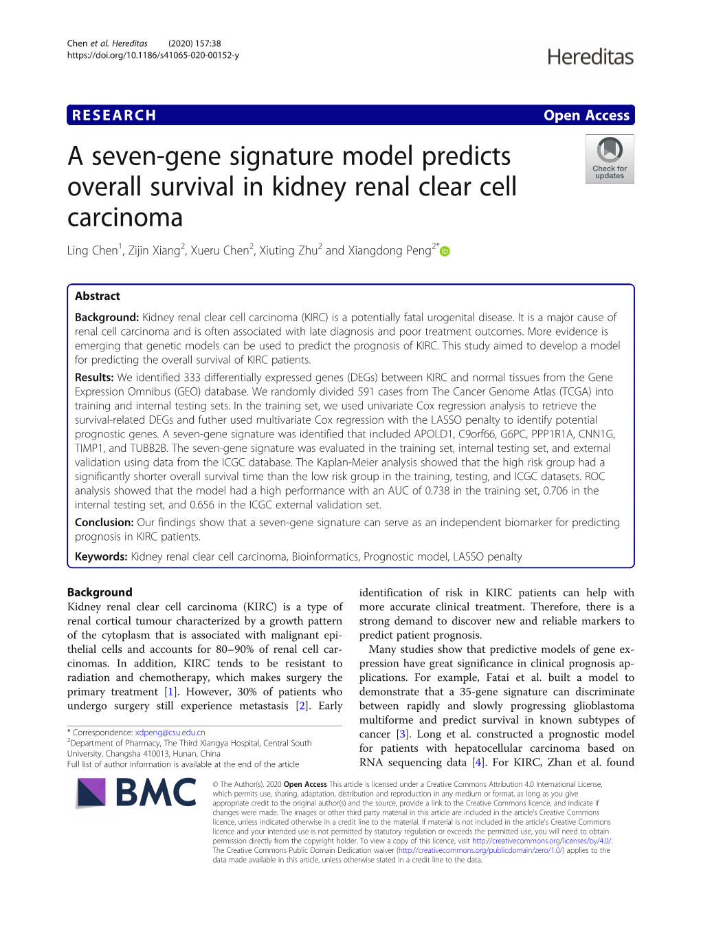 A Seven-Gene Signature Model Predicts Overall Survival in Kidney Renal Clear Cell Carcinoma Ling Chen1, Zijin Xiang2, Xueru Chen2, Xiuting Zhu2 and Xiangdong Peng2*