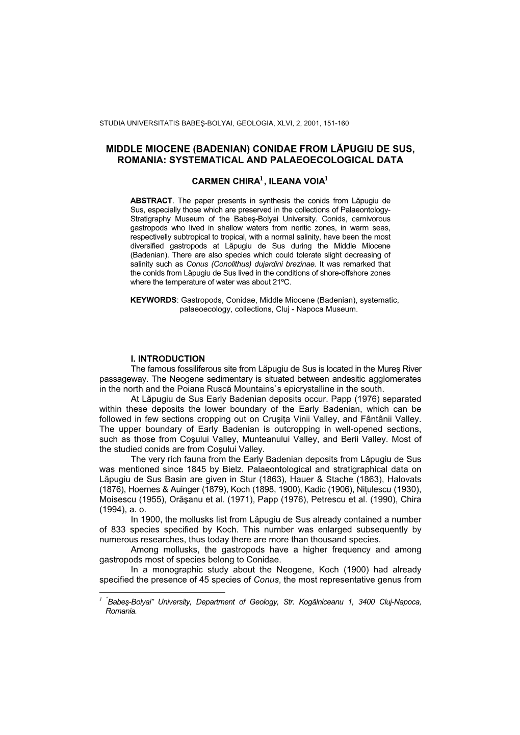 Middle Miocene (Badenian) Conidae from Lăpugiu De Sus, Romania: Systematical and Palaeoecological Data