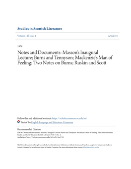 Notes and Documents: Masson's Inaugural Lecture; Burns and Tennyson; Mackenzie's Man of Feeling; Two Notes on Burns; Ruskin and Scott