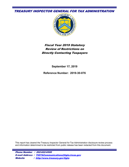 Fiscal Year 2019 Statutory Review of Restrictions on Directly Contacting Taxpayers