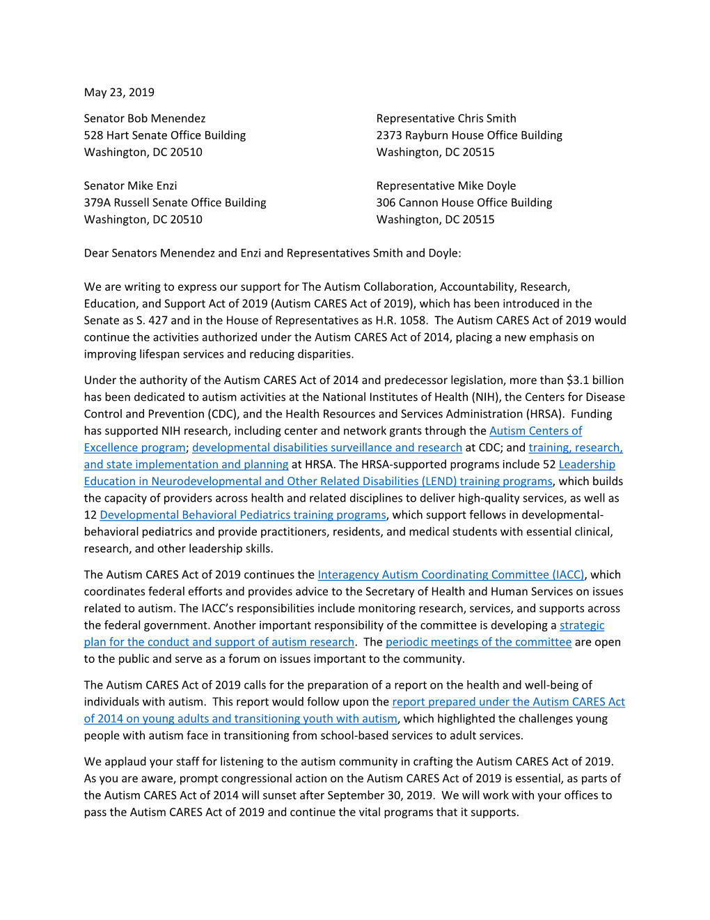 Updated Letter Asking for Expedited Consideration of Autism CARES