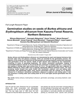 Germination Studies on Seeds of Burkea Africana and Erythrophleum Africanum from Kazuma Forest Reserve, Northern Botswana