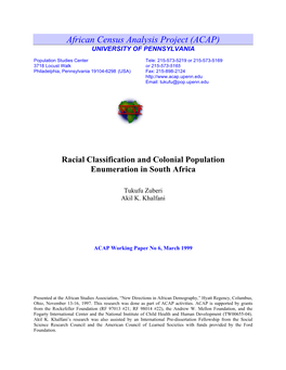 Racial Classification and Colonial Population Enumeration in South Africa