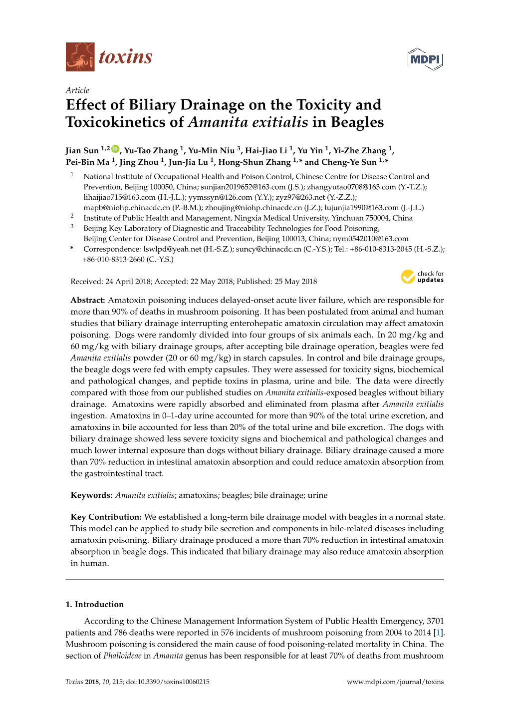 Effect of Biliary Drainage on the Toxicity and Toxicokinetics of Amanita Exitialis in Beagles