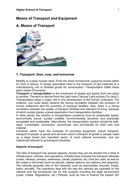 Means of Transport and Equipment