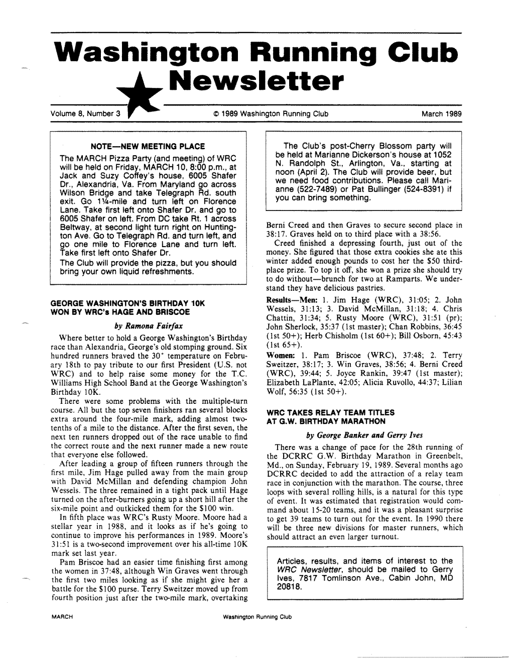 Washington Running Club Newsletter