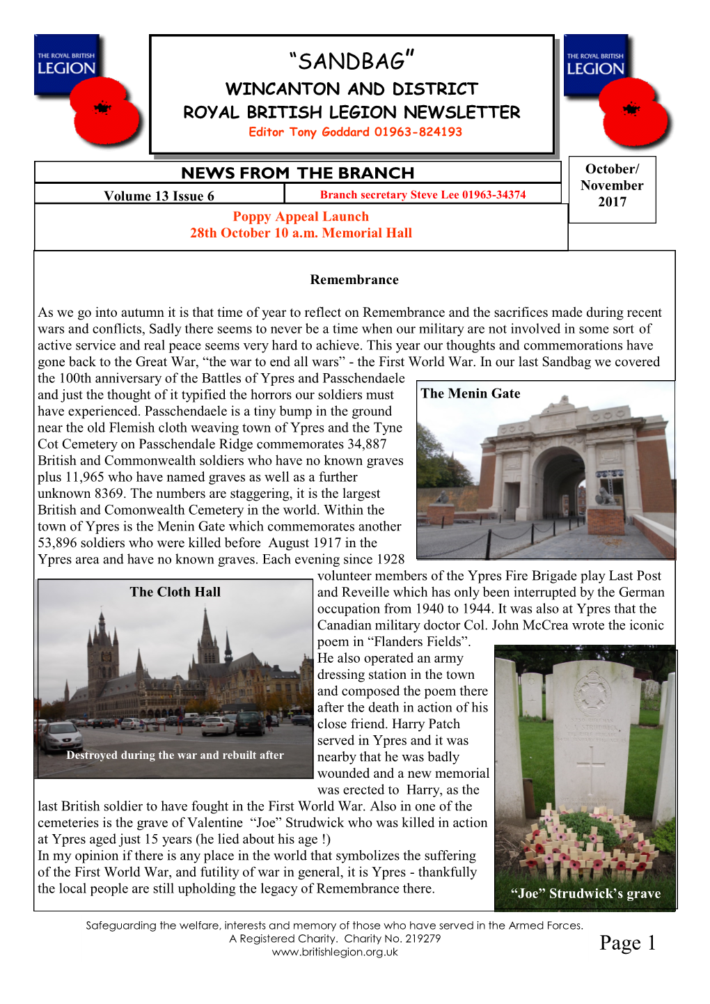 SANDBAG” WINCANTON and DISTRICT ROYAL BRITISH LEGION NEWSLETTER Editor Tony Goddard 01963-824193