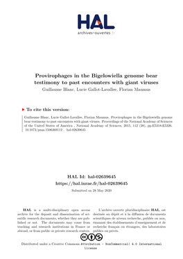 Provirophages in the Bigelowiella Genome Bear Testimony to Past Encounters with Giant Viruses Guillaume Blanc, Lucie Gallot-Lavallee, Florian Maumus