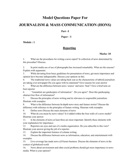 Model Questions Paper for JOURNALISM & MASS COMMUNICATION (HONS)