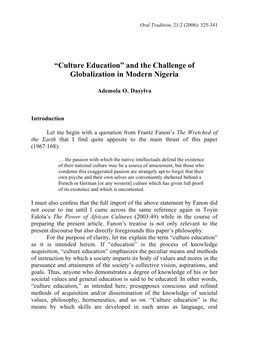 Culture Education” and the Challenge of Globalization in Modern Nigeria