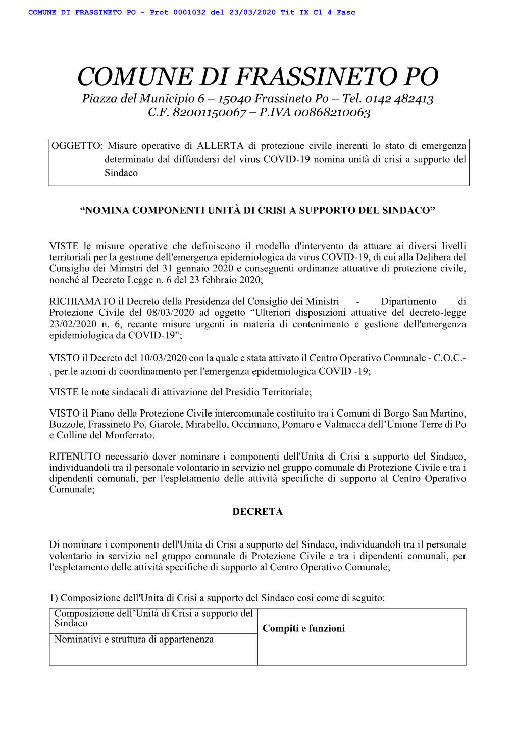 COMUNE DI FRASSINETO PO - Prot 0001032 Del 23/03/2020 Tit IX Cl 4 Fasc