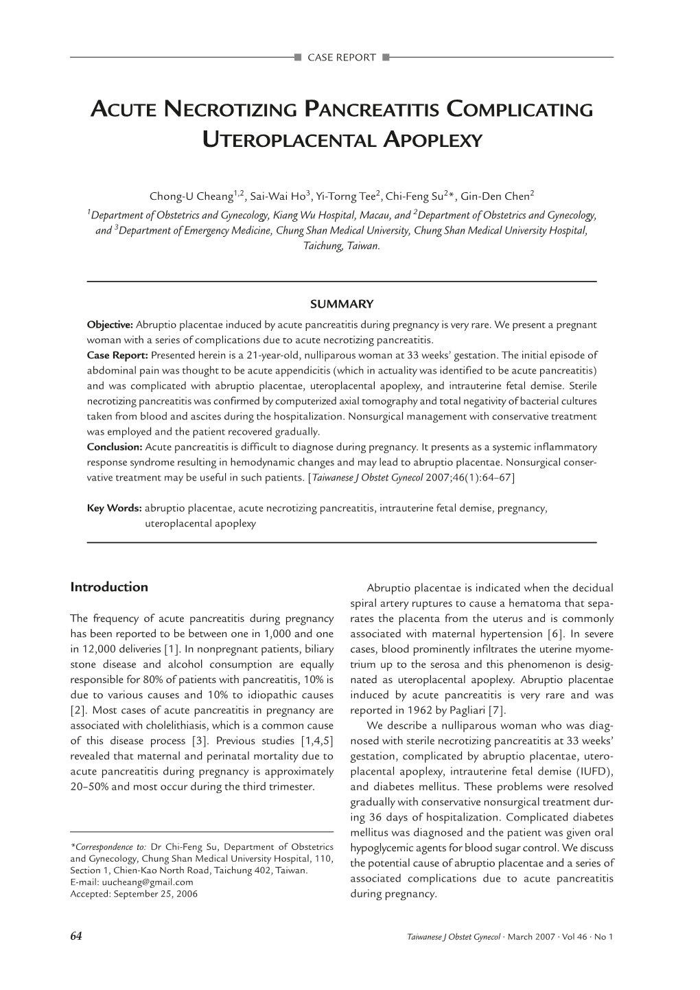 Acute Necrotizing Pancreatitis Complicating Uteroplacental Apoplexy