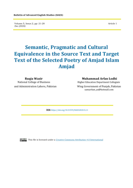 Semantic, Pragmatic and Cultural Equivalence in the Source Text and Target Text of the Selected Poetry of Amjad Islam Amjad