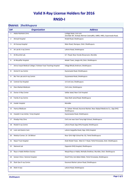 Valid X-Ray License Holders for 2016 RNSD-I District: Sheikhupura Sr# Organization Address 1 Abdul Rasheed Clinic College Raod, Civil Line 2Nd Add: Mr