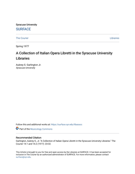 A Collection of Italian Opera Libretti in the Syracuse University Libraries