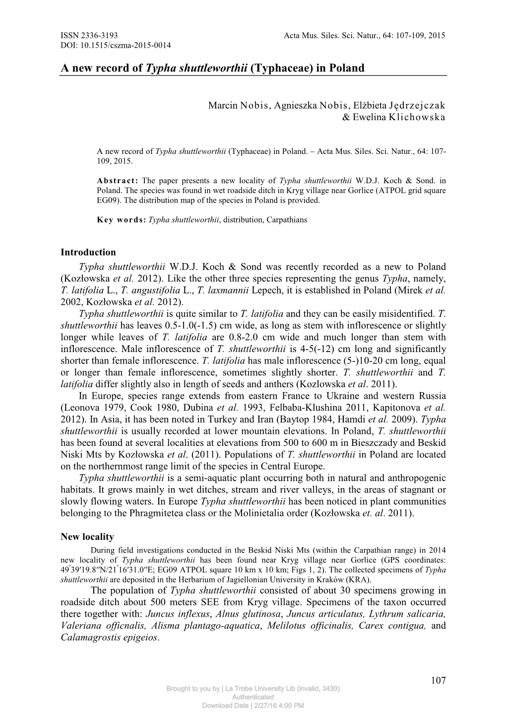 A New Record of Typha Shuttleworthii (Typhaceae) in Poland