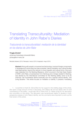 Translating Transculturality: Mediation of Identity in John Rabe’S Diaries