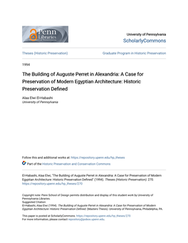 The Building of Auguste Perret in Alexandria: a Case for Preservation of Modern Egyptian Architecture: Historic Preservation Defined