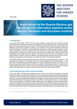 Implications of the Russia-Ukraine Gas Transit Deal for Alternative Pipeline Routes and the Ukrainian and European Markets