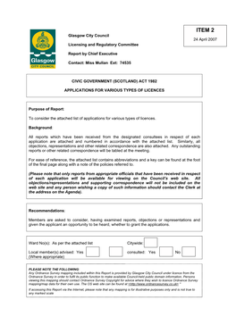 ITEM 2 Glasgow City Council 24 April 2007 Licensing and Regulatory Committee