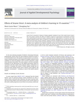 Effects of Sesame Street: a Meta-Analysis of Children's Learning in 15 Countries☆,☆☆