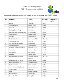 South View Primary School P1 & 2 Recommended Book List