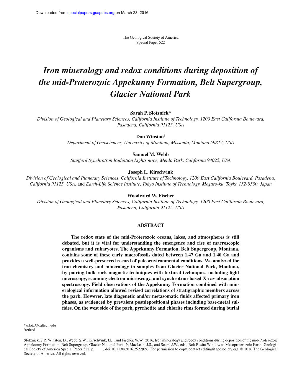 Iron Mineralogy and Redox Conditions During Deposition of the Mid-Proterozoic Appekunny Formation, Belt Supergroup, Glacier National Park