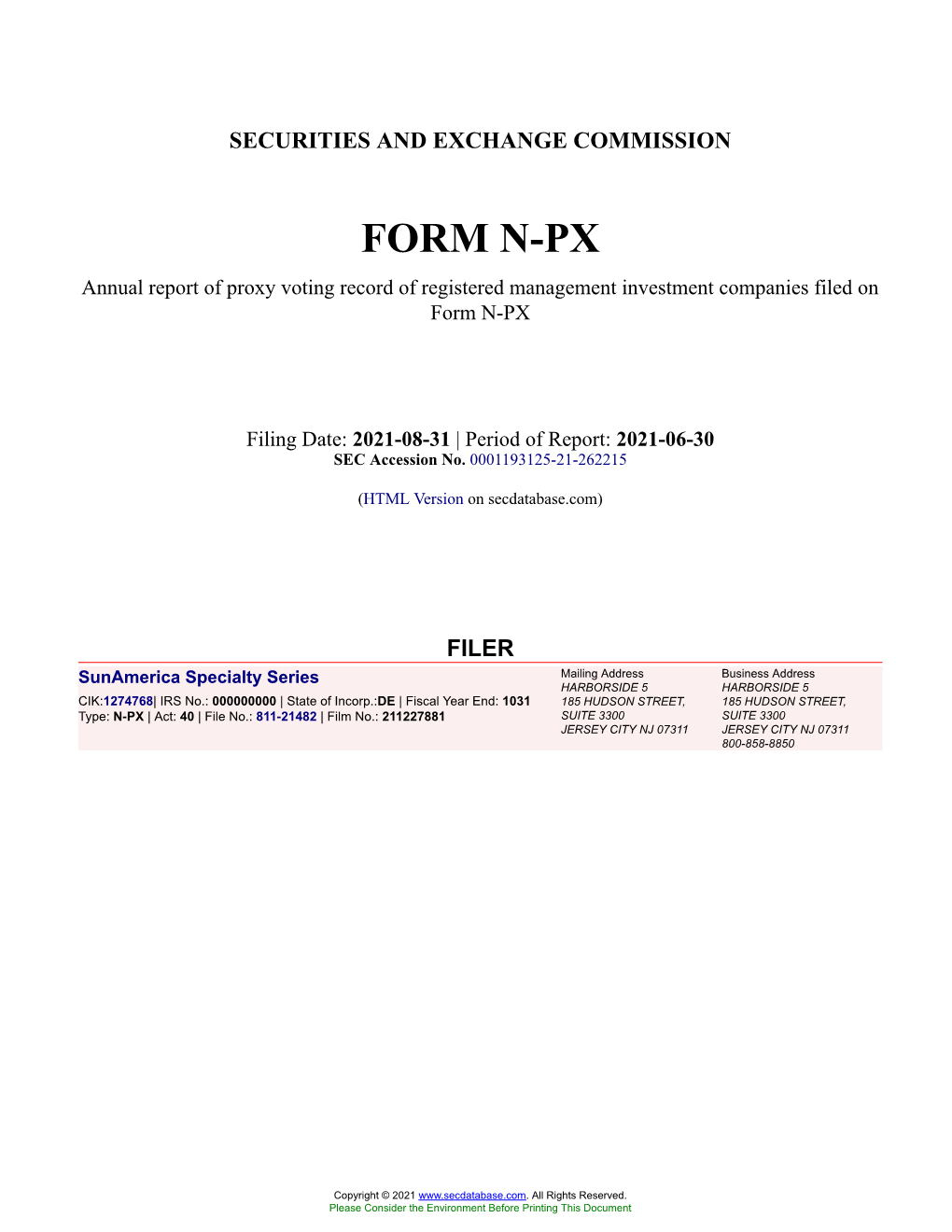 Sunamerica Specialty Series Form N-PX Filed 2021-08-31