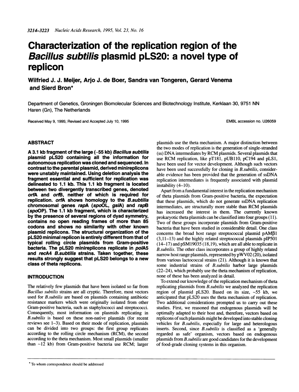 Bacillus Subtilis Plasmid Pls20: a Novel Type of Replicon Wilfried J