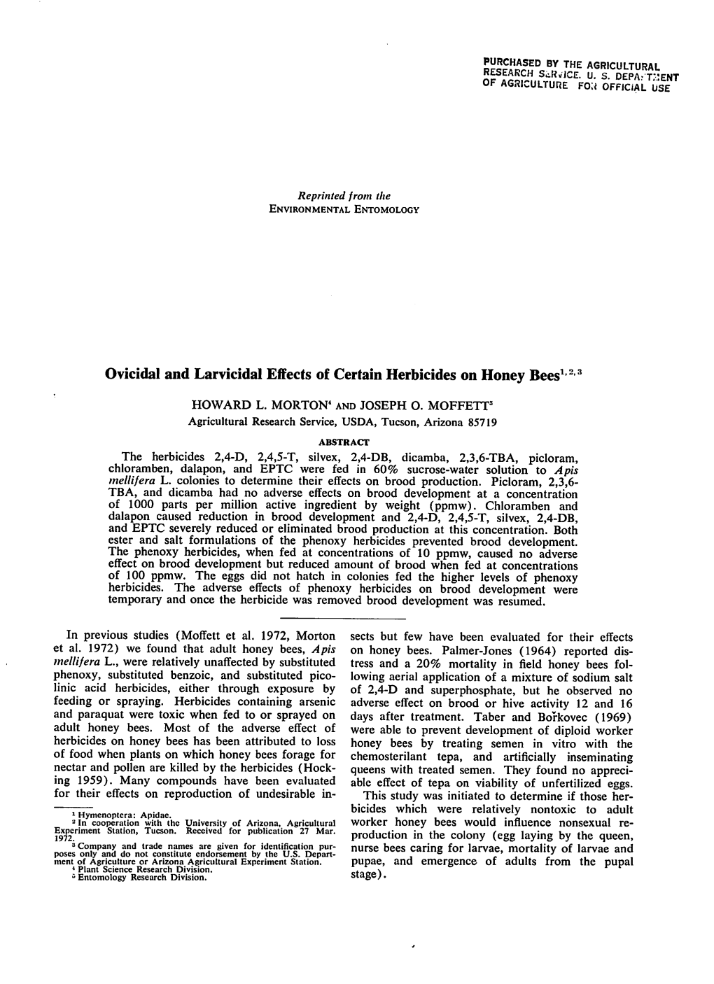 Ovicidal and Larvicidal Effects of Certain Herbicides on Honey Bees1,2 ,3