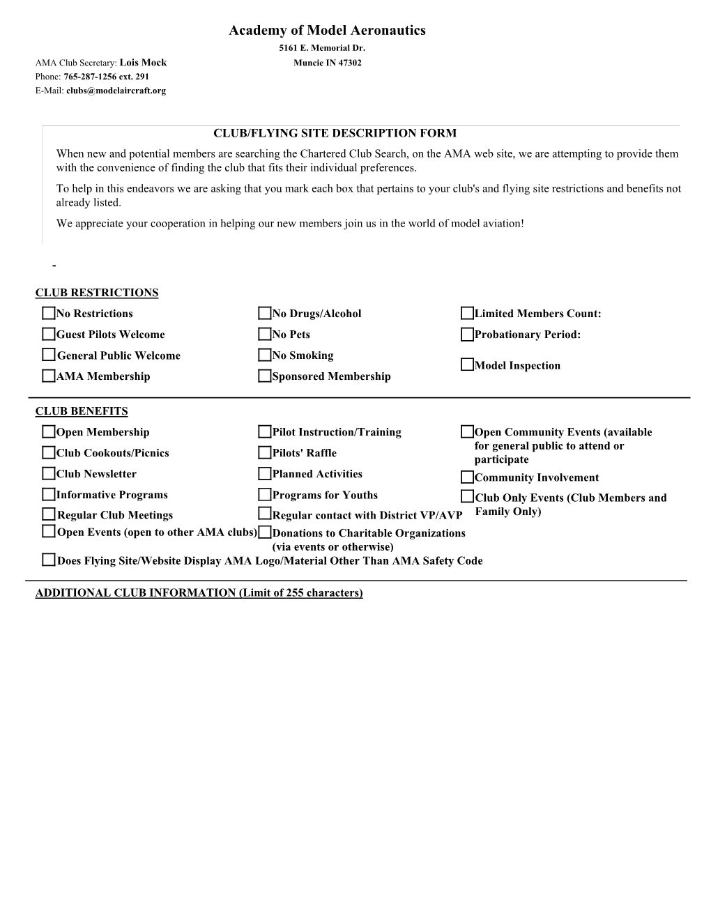 Club/Flying Site Description Form