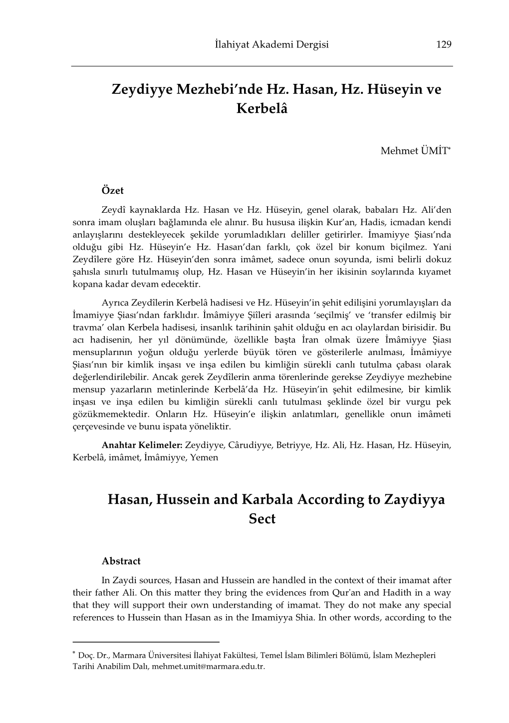 Zeydiyye Mezhebi'nde Hz. Hasan, Hz. Hüseyin Ve Kerbelâ Hasan