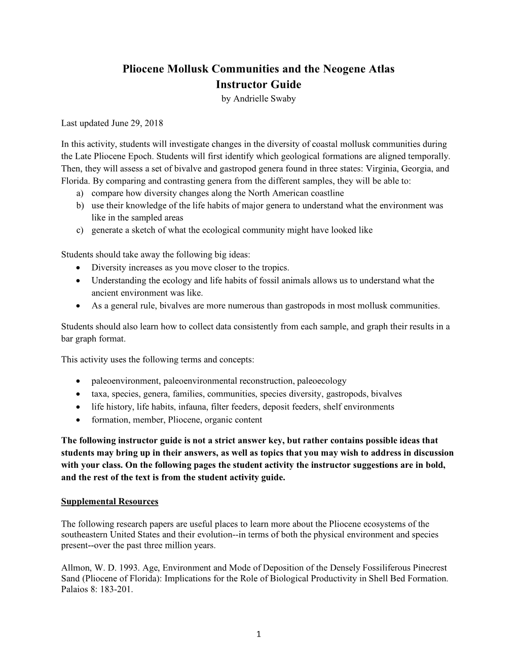 Pliocene Mollusk Communities and the Neogene Atlas Instructor Guide by Andrielle Swaby