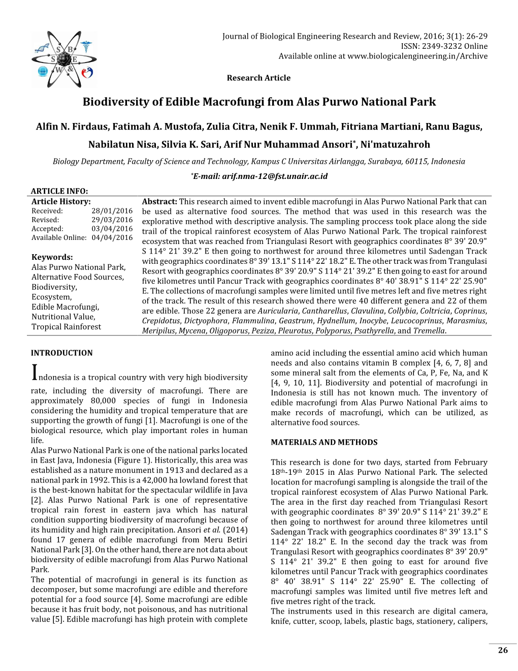 Biodiversity of Edible Macrofungi from Alas Purwo National Park