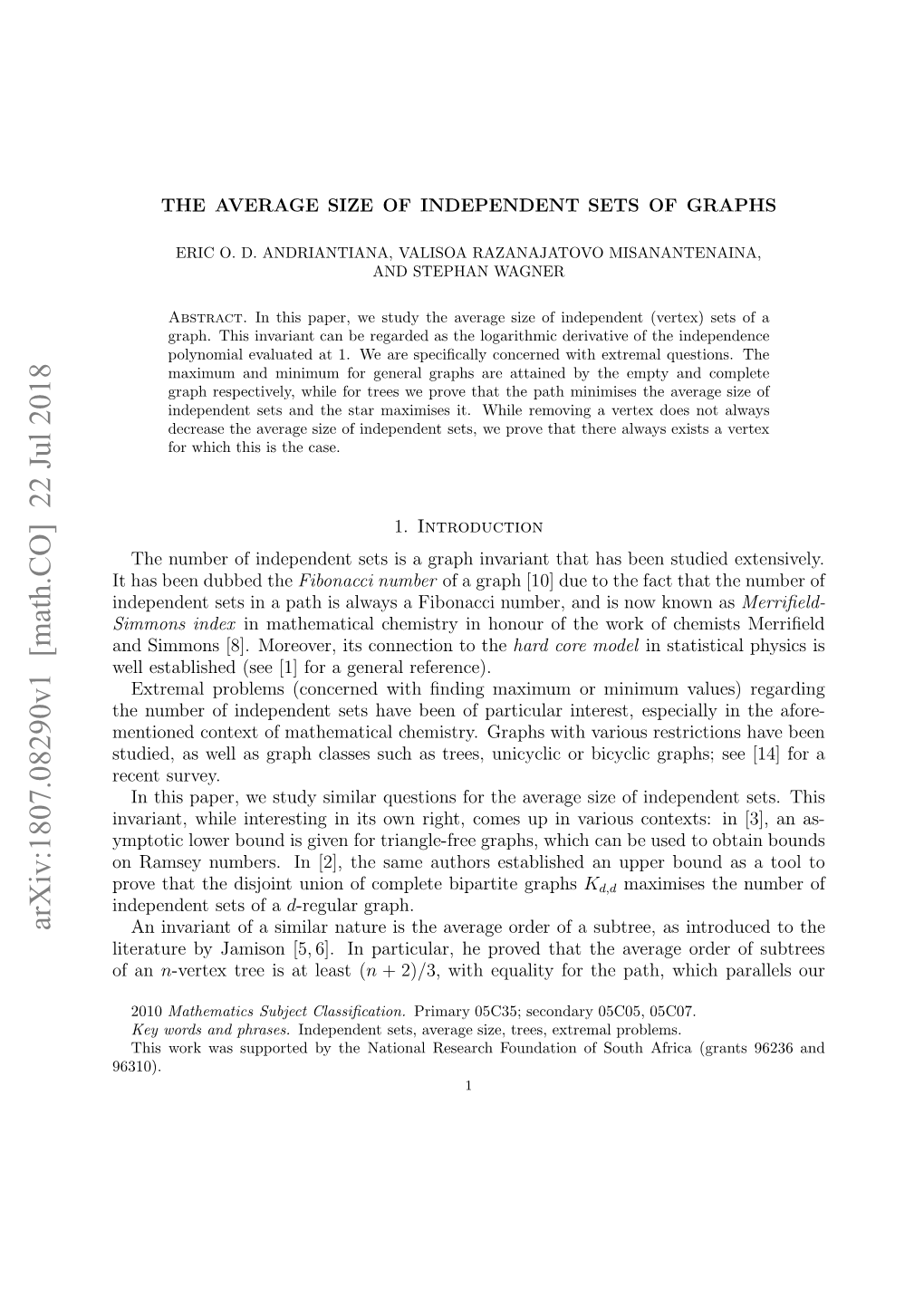 Arxiv:1807.08290V1 [Math.CO] 22 Jul 2018 Ieaueb Aio 5 ] Npriua,H Rvdta H Avera the That Proved He Particular, in an 6]