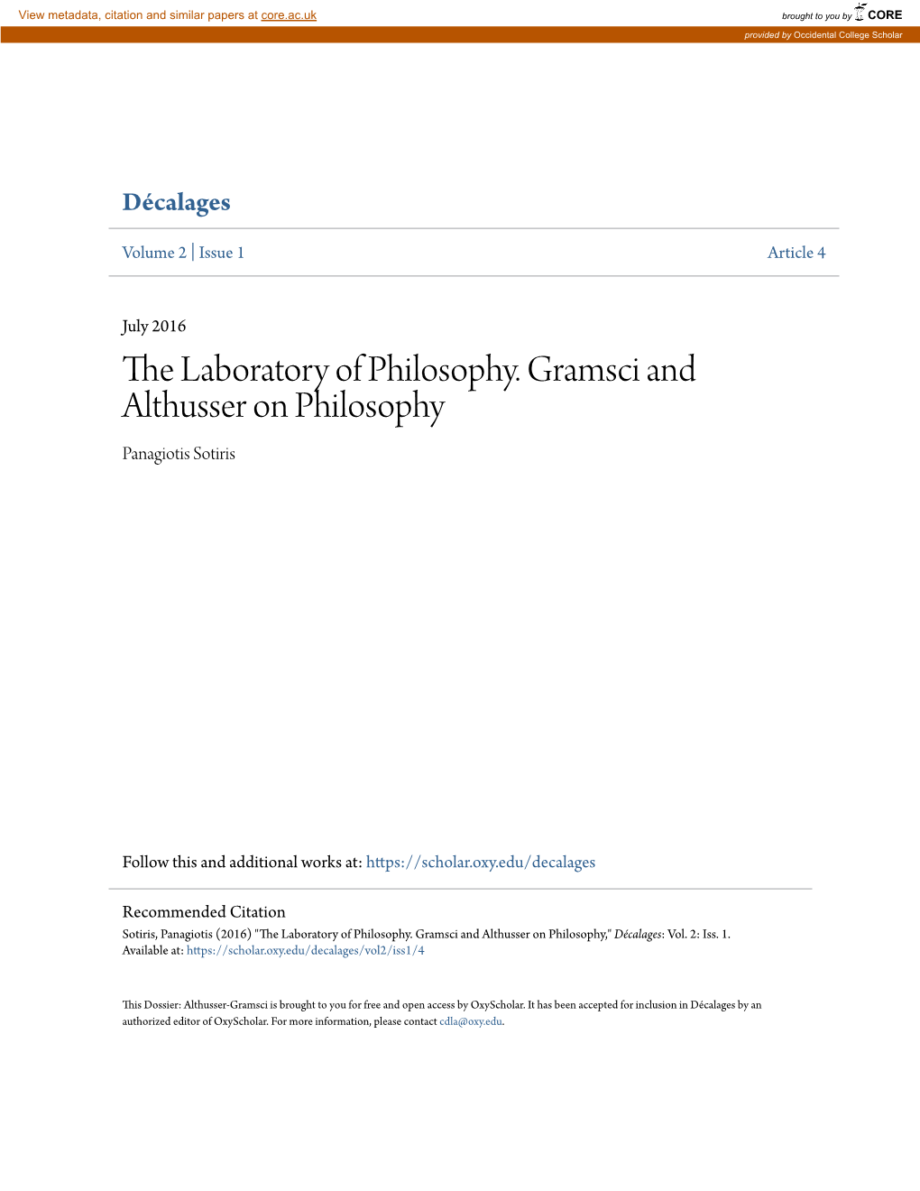 The Laboratory of Philosophy. Gramsci and Althusser on Philosophy Panagiotis Sotiris